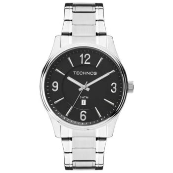 Relógio Technos Steel Masculino Prateado Mostrador Preto Com Calendário Aço Inoxidável Maquinário Japonês Á Prova d'água 2015BZBS/1P