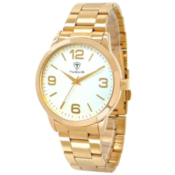 Relógio Tuguir Masculino Dourado Visor Branco TG117 Relógio Tuguir Masculino Dourado Visor Branco TG117
