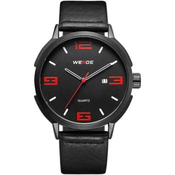 Relógio Weide Masculino Preto com Detalhe Vermelho Pulseira em Couro e Calendário WD004B