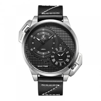 Relógio Weide Masculino Couro Preto Prata Dual Time UV-1706