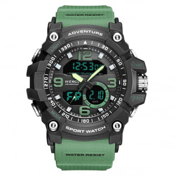 Relógio Weide Masculino Esportivo Digital Display Duplo Preto e Verde 3J8001