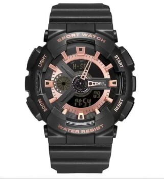 Relógio Weide Masculino Digital Preto Display Duplo Esportivo com Detalhes Rose em Poliuretano Á Prova d'água WA-3J8004