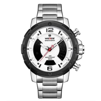 Relógio Weide Masculino Prateado com Branco Digital Display Duplo WH-8504