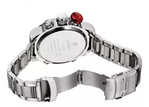 Relógio Weide Masculino Prateado com vermelho Digital Display Duplo Led Azul WH-6402 