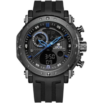 Relógio Weide Masculino Preto com Azul Digital Display Duplo Pulseira em Silicone WH-6903