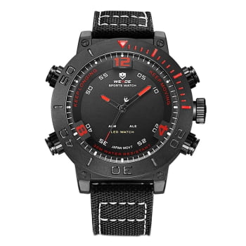 Relógio Weide Masculino Preto com Vermelho Digital Display Duplo com Pulseira em Couro Led Vermelho WH-6103 