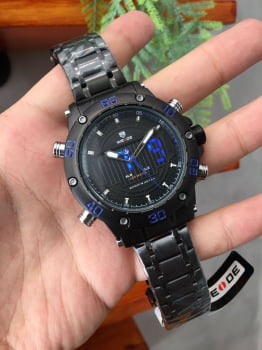 Relógio Weide Masculino Preto e Azul Digital Display Duplo WH-6910