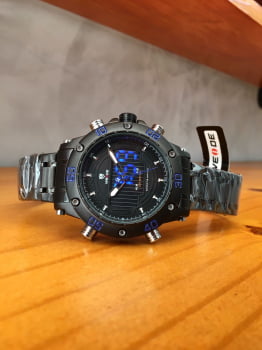 Relógio Weide Masculino Preto e Azul Digital Display Duplo WH-6910