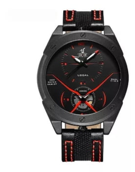 Relógio Weide Masculino Preto Dual Time com a Pulseira em Couro e Detalhe Vermelho UV-1703
