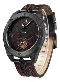 Relógio Weide Masculino Preto Dual Time com a Pulseira em Couro e Detalhe Vermelho UV-1703