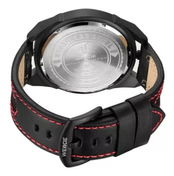 Relógio Weide Masculino Preto Dual Time com a Pulseira em Couro e Detalhe Vermelho UV-1703