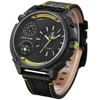 Relógio Weide Masculino Preto e Amarelo Couro Dual Time Bússola UV1507