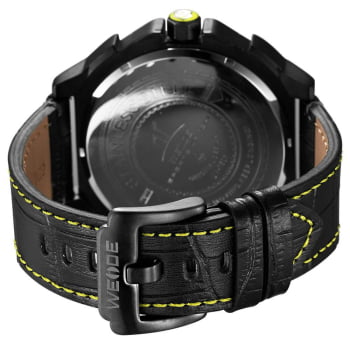 Relógio Weide Masculino Preto e Amarelo Couro Dual Time Bússola UV1507