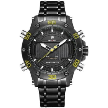 Relógio Weide Masculino Preto e Amarelo Digital Display Duplo 6910