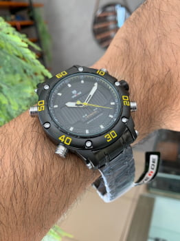 Relógio Weide Masculino Preto e Amarelo Digital Display Duplo 6910