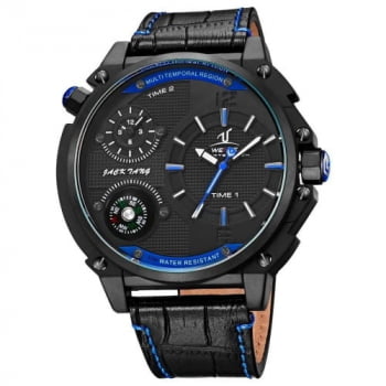 Relógio Weide Masculino Preto e Azul Couro Dual Time Bússola 1507