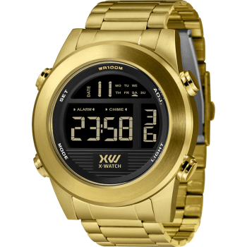 Relógio X-Watch Masculino Digital Dourado Fosco display preto calendário Aço Inoxidável Á Prova d'água XMGSD003 