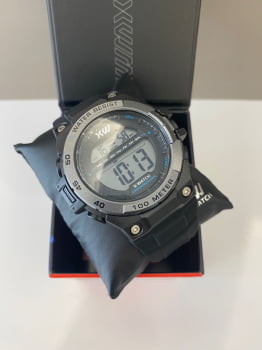 Relógio X-Watch Masculino Esportivo Digital Preto Cinza com Detalhes Azul em Poliuretano Á Prova D'água XMPPD755