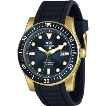 Relógio X-Watch Masculino Dourado Visor Azul com Calendário Pulseira em Silicone á Prova D'água XMGP1003