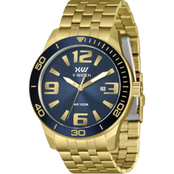 Relógio X-Watch Masculino Dourado Visor Azul com Calendário Aço Inoxidável á Prova D'água XMGS1051