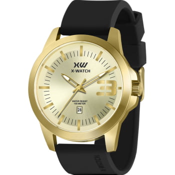 Relógio X-Watch Masculino Dourado Visor Champanhe com Calendário Pulseira em Silicone á Prova D'água XMGP1002 Relógio X-Watch Masculino Dourado Visor Champanhe com Calendário Pulseira em Silicone á Prova D'água XMGP1002