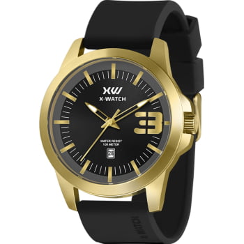 Relógio X-Watch Masculino Dourado Visor Preto com Calendário Pulseira em Silicone á Prova D'água XMGP1002