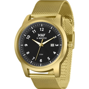 Relógio X-Watch Masculino Dourado Visor Preto com Calendário Todo Numerado Pulseira Milanesa  Aço Inoxidável á Prova D'água XMGS1049