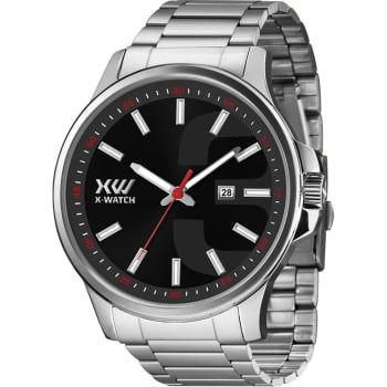 Relógio X-Watch Masculino Prateado com Calendário Visor Preto Aço Inoxidável Á Prova d'água XMSS1054