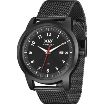 Relógio X-Watch Masculino Preto Visor Preto com Calendário Todo Numerado Pulseira Milanesa  Aço Inoxidável á Prova D'água XMNS1011