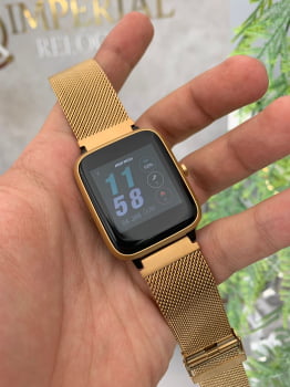 Relógio SmartWatch Mormaii Life dourado Esportivo Pulseira Milanesa a prova d´água MOLIFEAM/7D